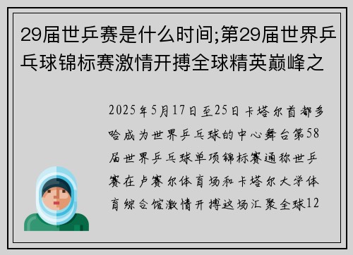 29届世乒赛是什么时间;第29届世界乒乓球锦标赛激情开搏全球精英巅峰之战